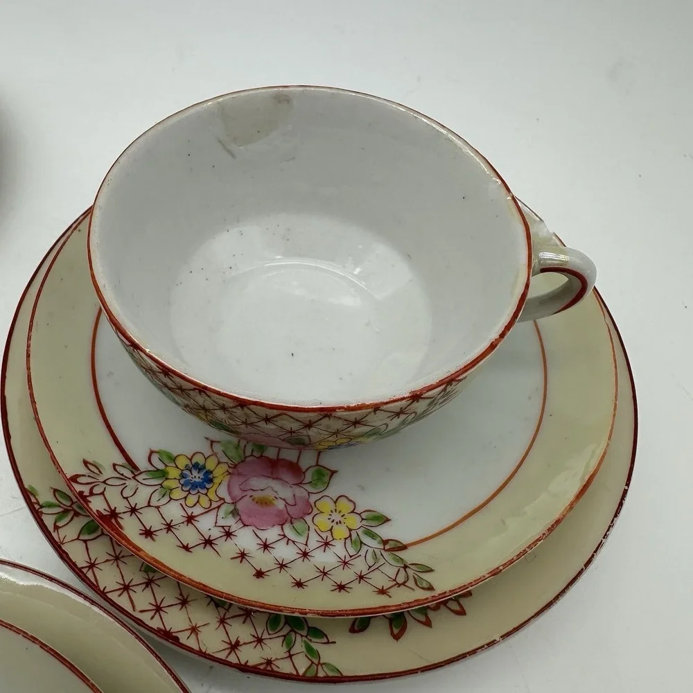 Vintage China Floral Demitasse Cup & Saucer 5 Sets Mini Red Trim Childs Tea Size